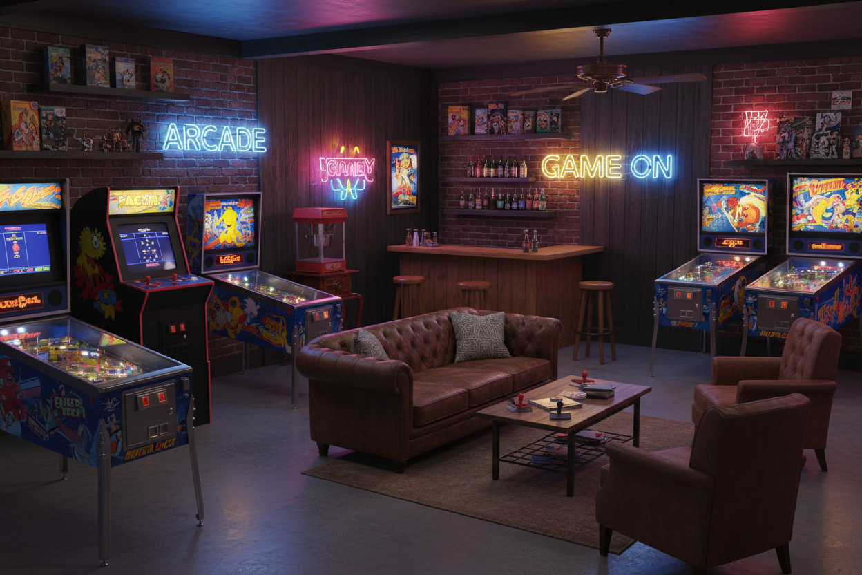 Man cave with arcade and pinball machines