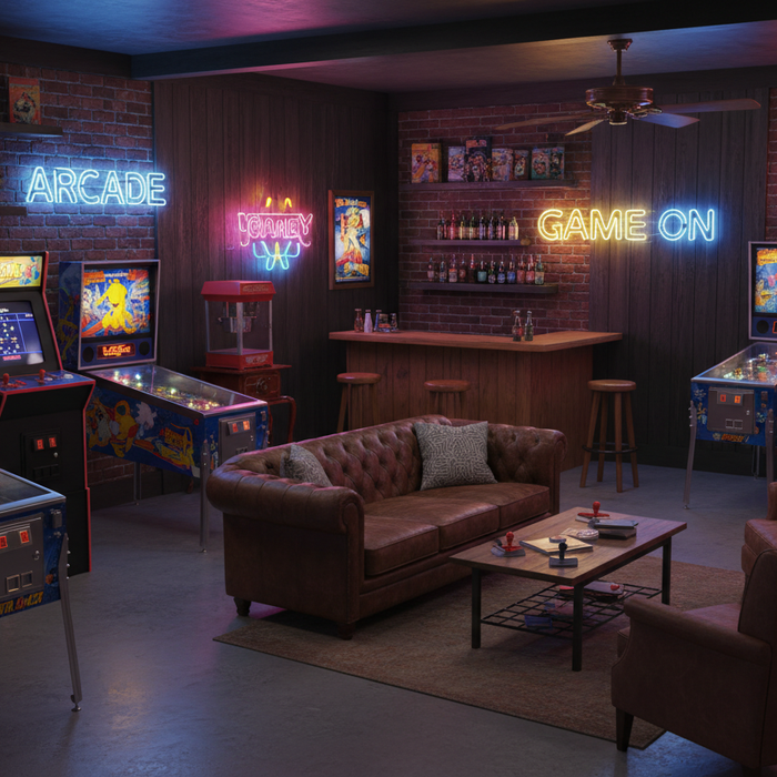 Man cave with arcade and pinball machines