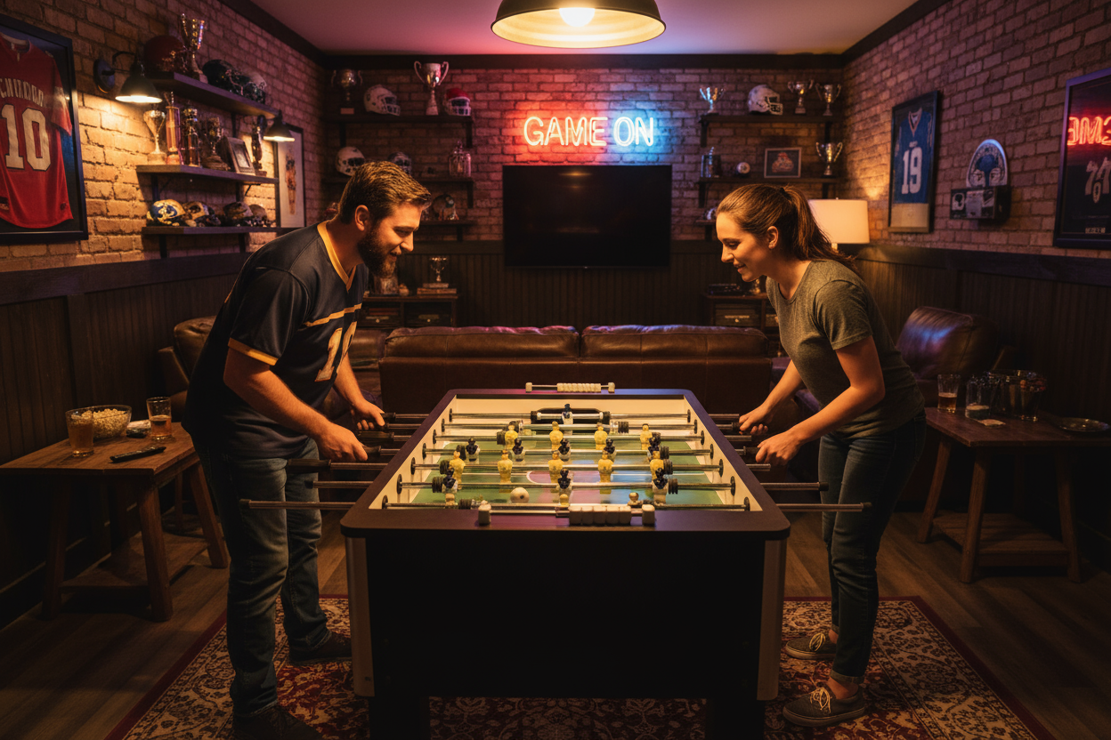 Two people playing foosball in a man cave