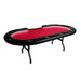 Aces_Pro_+_Poker_Table An oval-shaped poker table with a red felt surface and black folding legs. The table is equipped with LED lights.