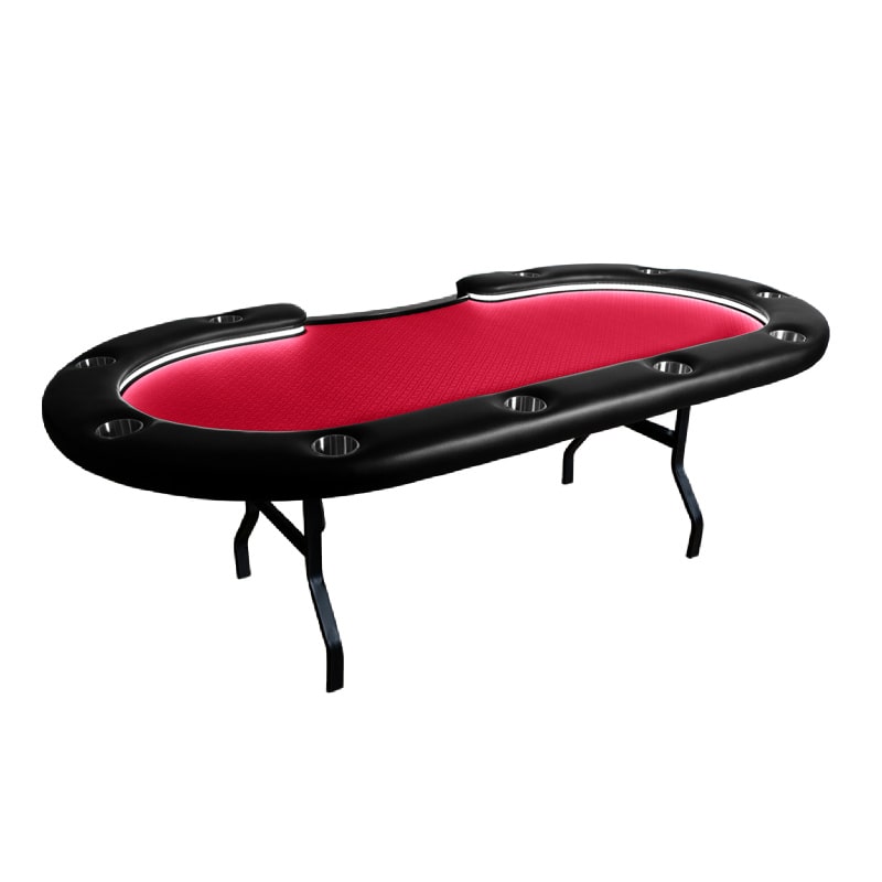 Aces_Pro_+_Poker_Table An oval-shaped poker table with a red felt surface and black folding legs. The table is equipped with LED lights.