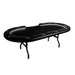 Aces_Pro_+_Poker_Table An oval-shaped poker table with black felt surface and black folding legs. The table is equipped with LED lights.