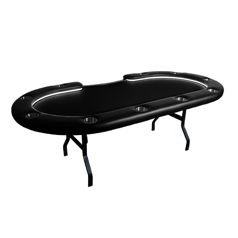 Aces_Pro_+_Poker_Table An oval-shaped poker table with black felt surface and black folding legs. The table is equipped with LED lights.