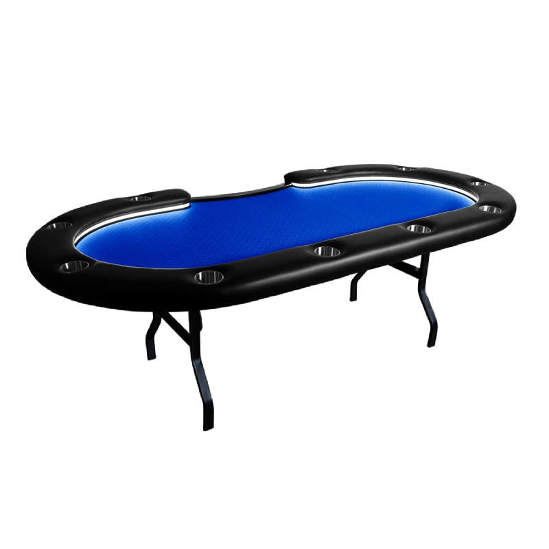 Aces_Pro_+_Poker_Table An oval-shaped poker table with a green felt surface and black folding legs. The table is equipped with LED lights.