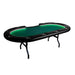 Aces_Pro_+_Poker_Table An oval-shaped poker table with a green felt surface and black folding legs. The table is equipped with LED lights.