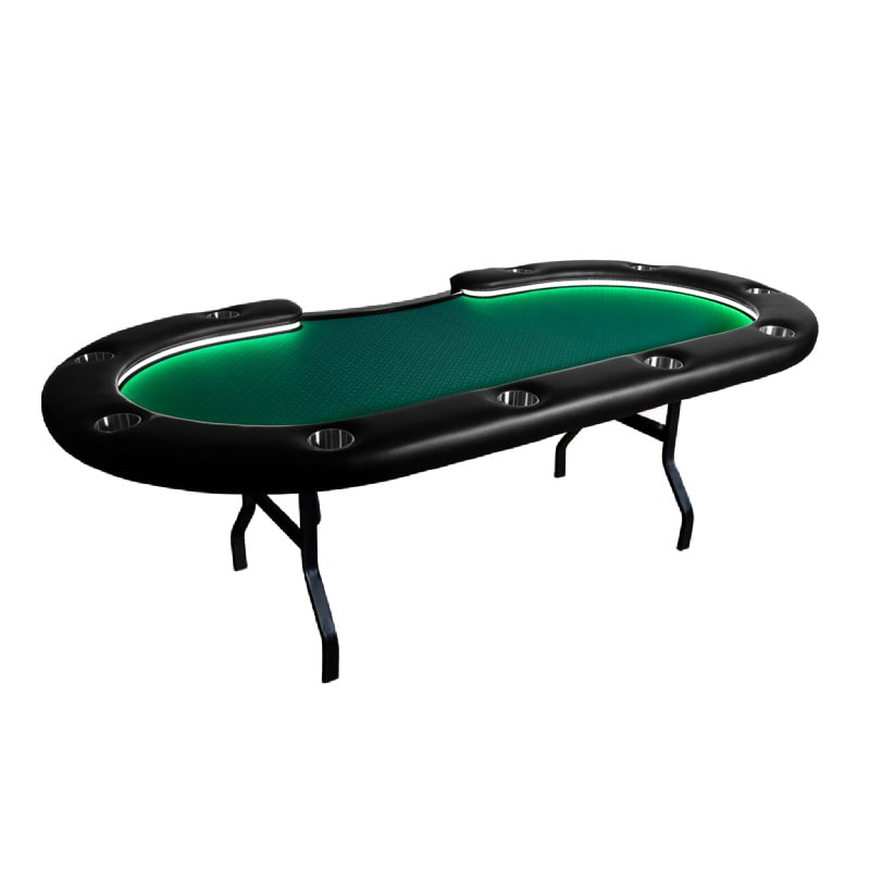 Aces_Pro_+_Poker_Table An oval-shaped poker table with a green felt surface and black folding legs. The table is equipped with LED lights.