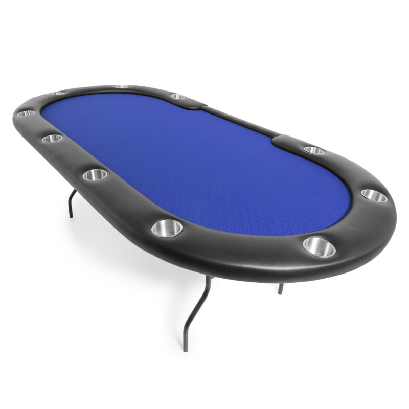 Aces_Pro_Poker_Table A foldable, blue-felted poker table with black edges and metal cup holders, designed for 10 players with a dealer.
