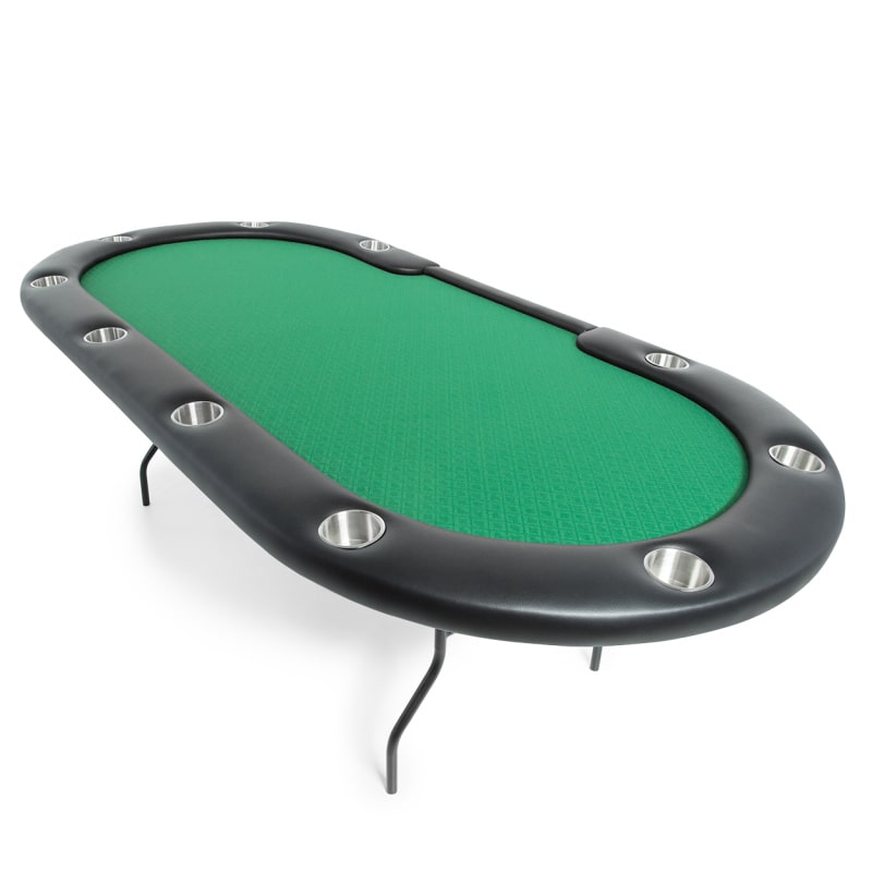 Aces_Pro_Poker_Table A foldable, green-felted poker table with black edges and metal cup holders, designed for 10 players with a dealer.