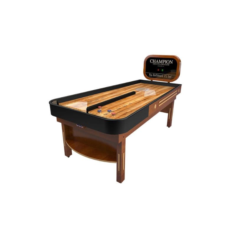 Bank Shot shuffleboard table with 'Champion' branding and score board on a white background