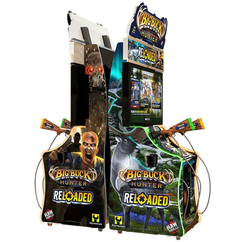 Two 'Big Buck Hunter Reloaded' arcade machines on a white background