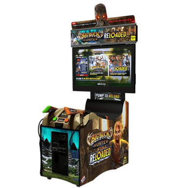 Arcade machine with 'Big Buck Hunter Reloaded' branding on a white background