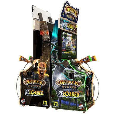 Arcade machine for 'Big Buck Hunter Reloaded' on a white background back to back