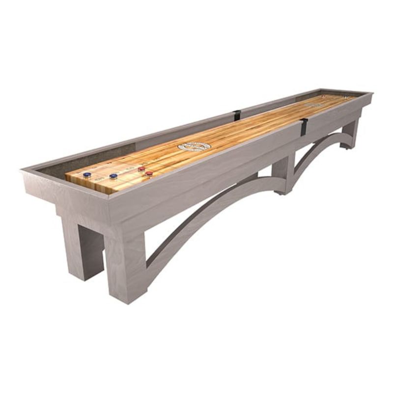 Gray Champion Arch Shuffleboard table with wooden playing surface and gray frame on a white background