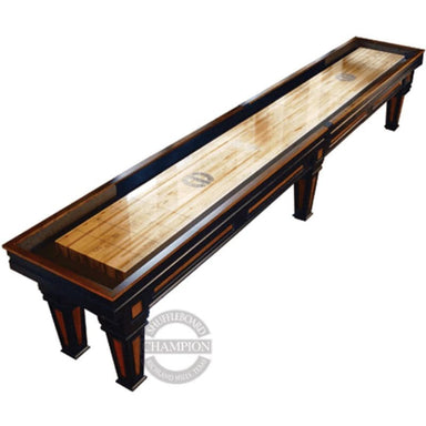 Worthington shuffleboard table with a Champion Shuffleboard brand logo on a white background