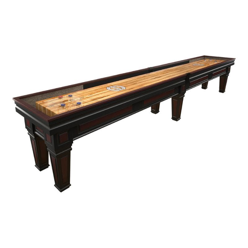 Worthington Shuffleboard table with wooden playing surface and dark brown frame on a white background