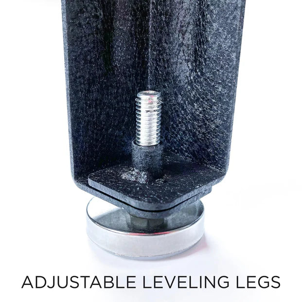 Close-up of adjustable leveling legs with a screw mechanism on a white background