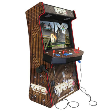 A standing arcade machine with a wood grain finish, black and red trim, and a screen displaying a game. It features four joysticks, light blasters, and LED lights.
