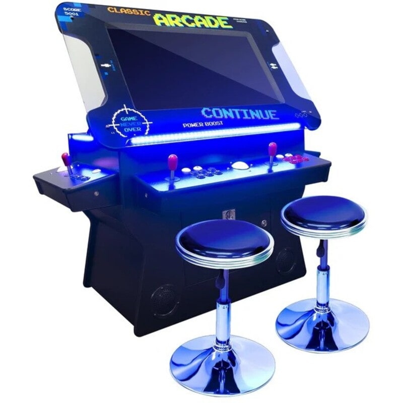 Creative Arcades Tilt Cocktail Arcade - 5200 Games front view tilted two stools
