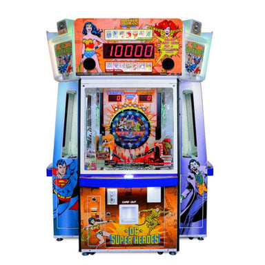 Colorful arcade machine themed with DC Super Heroes characters on a white background