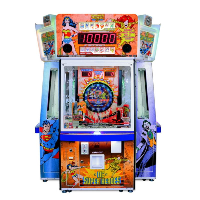Colorful arcade machine themed with DC Super Heroes characters on a white background