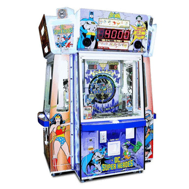 Coin Pusher machine themed with DC Super Heroes on a white background