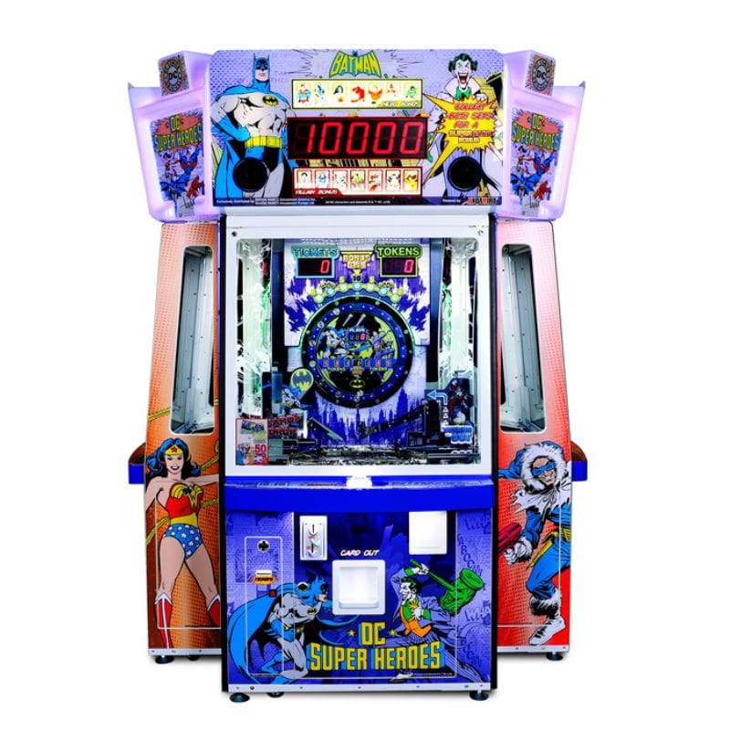 DC Super Heroes coin pusher arcade machine with colorful graphics and character images on a white background