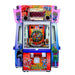 Colorful coin pusher arcade machine with superhero graphics on a white background