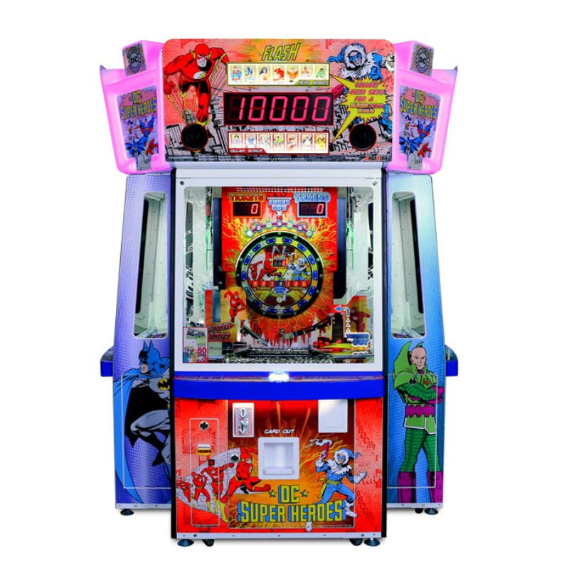 Colorful coin pusher arcade machine with superhero graphics on a white background