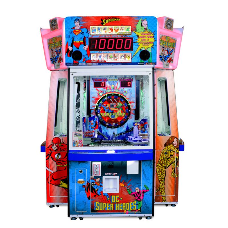 Coin Pusher arcade machine themed around DC Super Heroes with colorful graphics and character images.