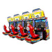 Four racing arcade machines with colorful designs on a white background