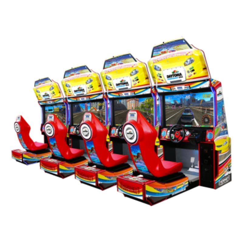 Four racing arcade machines with colorful designs on a white background