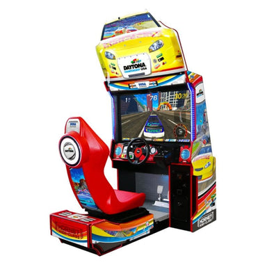 Daytona Championship USA Colorful arcade racing game machine with steering wheel on a white background