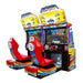 Colorful racing arcade machine with red seats on a white background