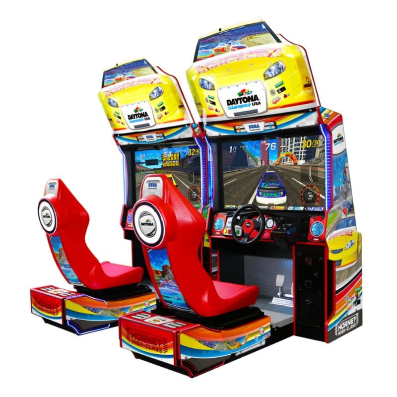 Colorful racing arcade machine with red seats on a white background