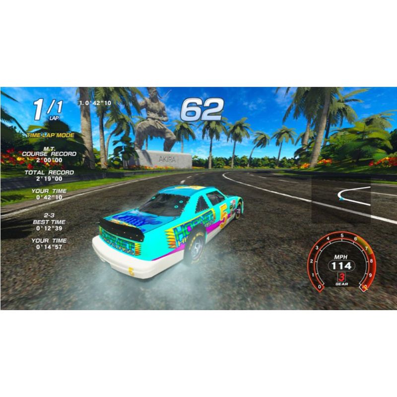 Racing game screen with a colorful car on a tropical track