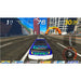 Daytona Championship racing game with a car on a track and cityscape in the background.