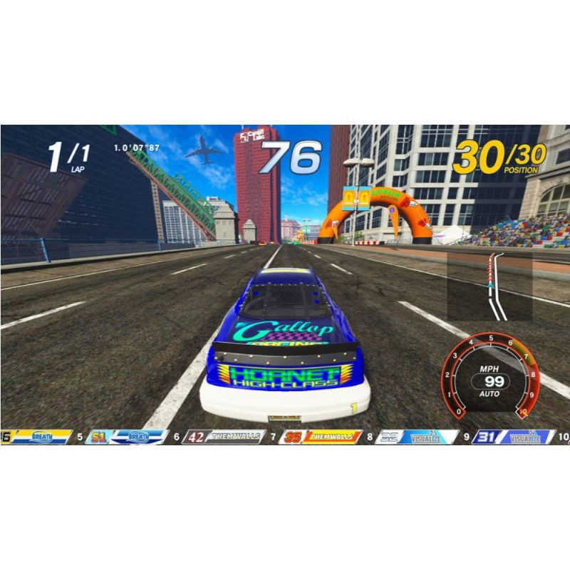 Daytona Championship racing game with a car on a track and cityscape in the background.