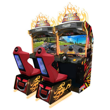 Dead Heat Unleashed Racing arcade game with red seats and flame design on a white background