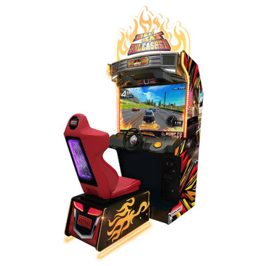 Dead Heat Unleashed Arcade game machine with racing game on screen, red seat, and flames design.