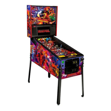 Colorful pinball machine with 'Deadpool' branding on a white background