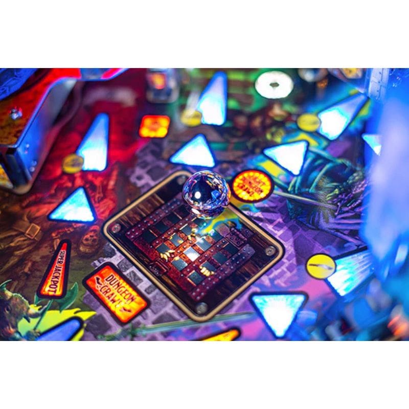 Close-up of a Dungeons-and-Dragons pinball with colorful lights and playfield