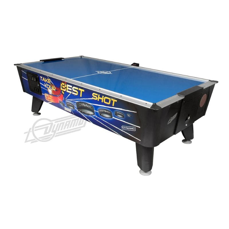 Dynamo Best Shot Air hockey table with Dynamo branding on a white background