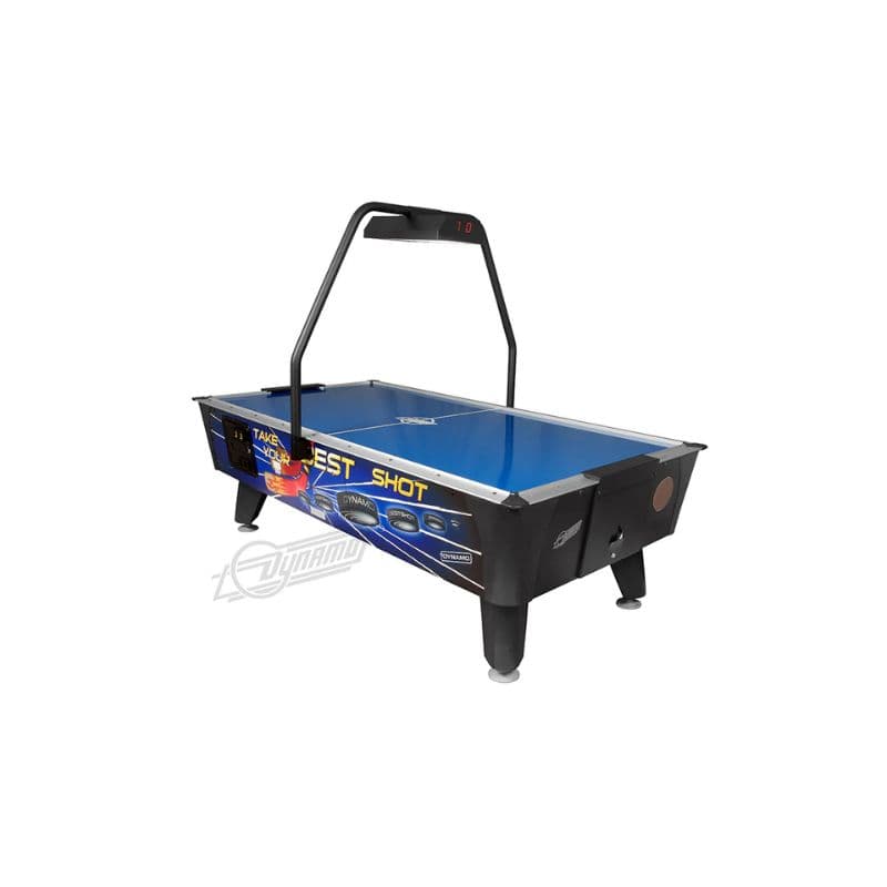 Dynamo Best Shot Air hockey table with a blue playing surface and black frame on a white background