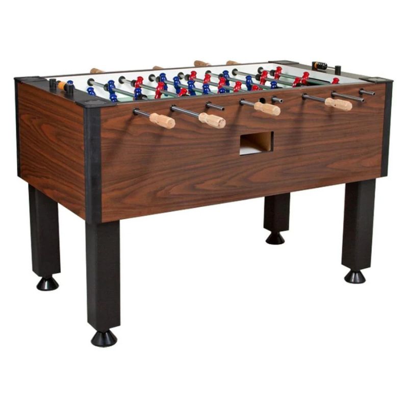 Dynamo Big D foosball table for sale with red, blue, and yellow player figures on a white background