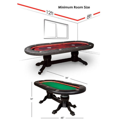 Poker table with dimensions and minimum room size requirements on a white background