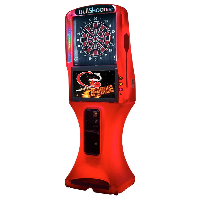 Red G 3 electronic dartboard with digital display on a white background