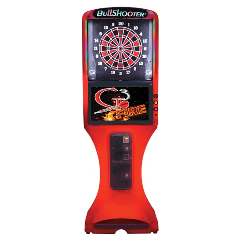 Red G 3-fire electronic dartboard with digital display on a white background