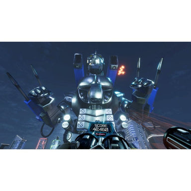 Robot in a futuristic cityscape with a dark blue sky