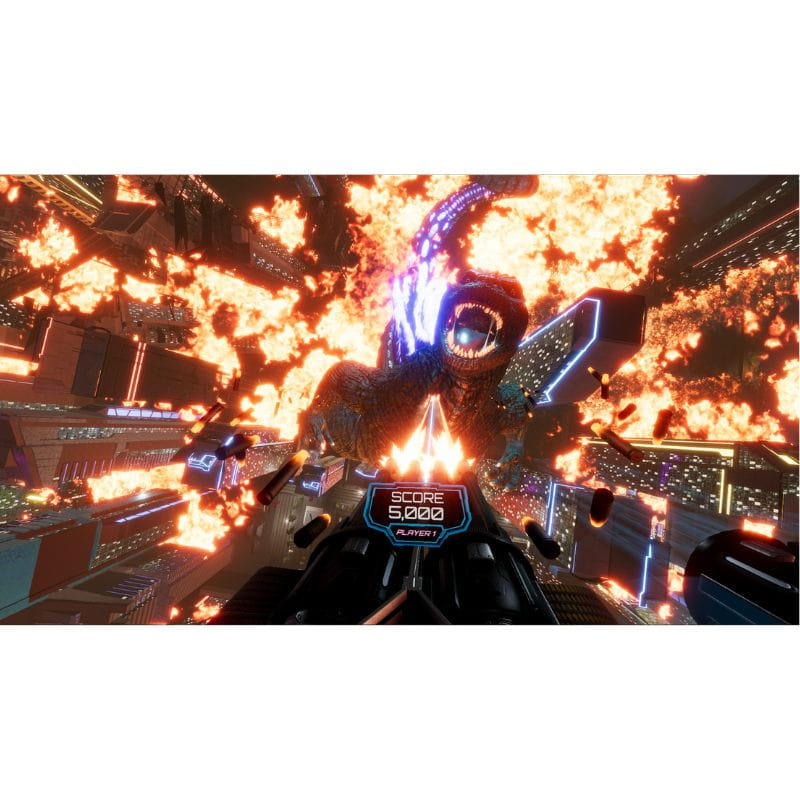 Video game scene with a futuristic robot in a fiery environment