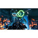 Amusement park ride with dinosaur-like creature and neon lights at night